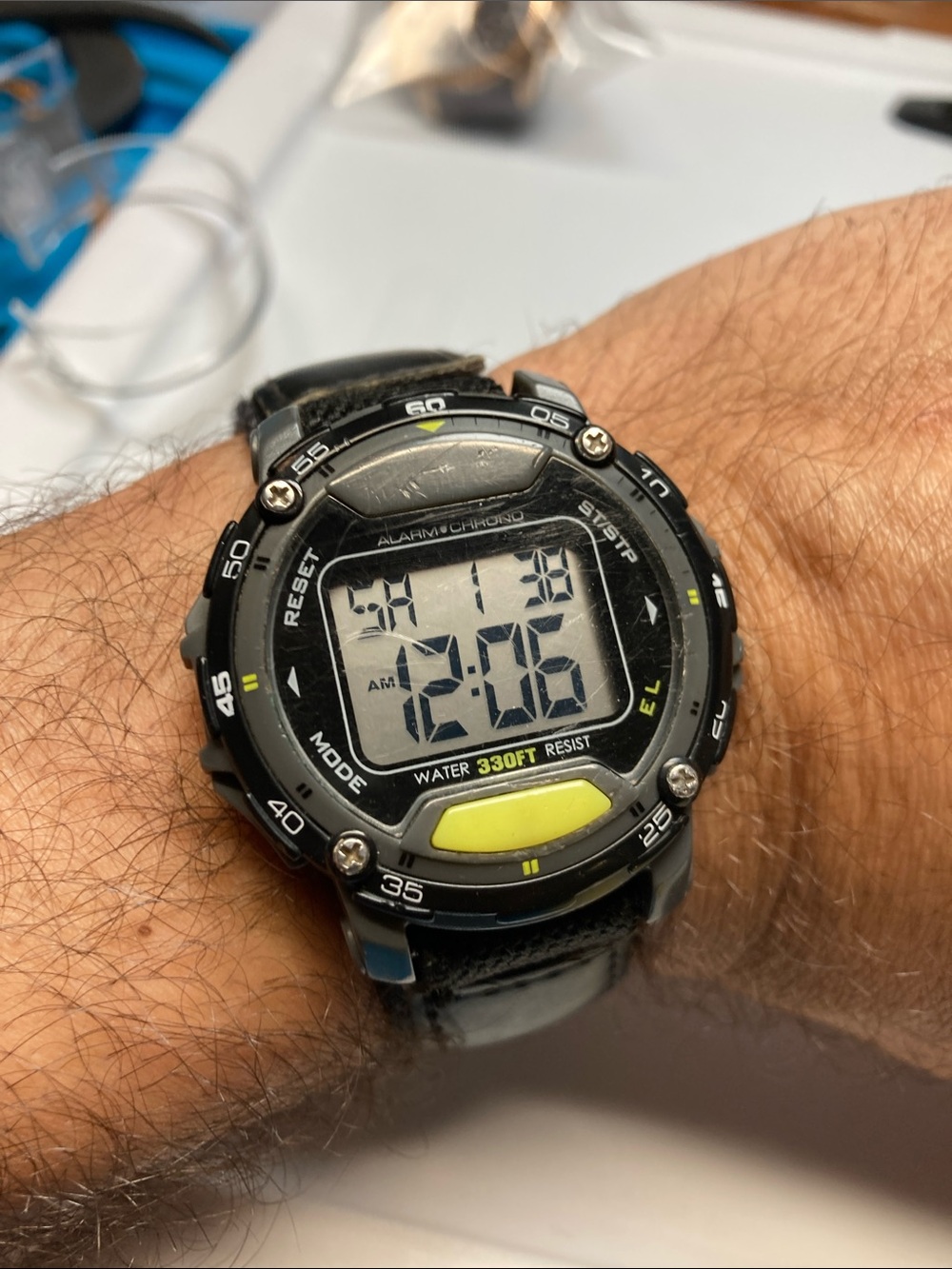 Vintage Armitron digital watch, new battery, blue EL backlight, velcro strap